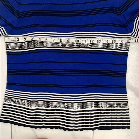 Elegant Striped Sweater in Blue Black & White 3/4 Bell Sleeves Boat Neck Size S - Picture 6 of 12